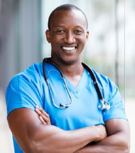 happy male African-American medical surgeon looking at the camera